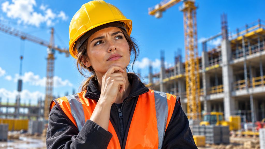 Lavoratrice con casco di sicurezza in cantiere Lavoratrice con casco di sicurezza in cantiere