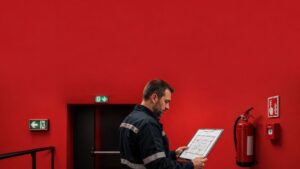 Piano di emergenza ed evacuazione aziendale con addetti antincendio e lavoratori in uscita di sicurezza