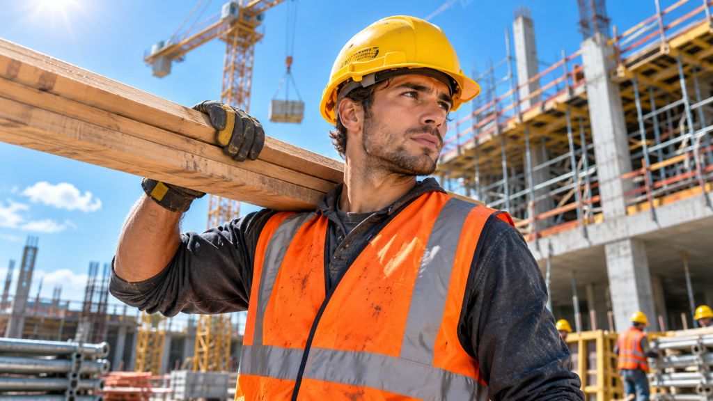 Lavoratore con elmetto di sicurezza durante attività in cantiere Lavoratore con elmetto di sicurezza durante attività in cantiere